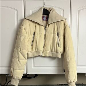 Urban Outfitters Cropped Cream Puffer Jacket with Stand Collar